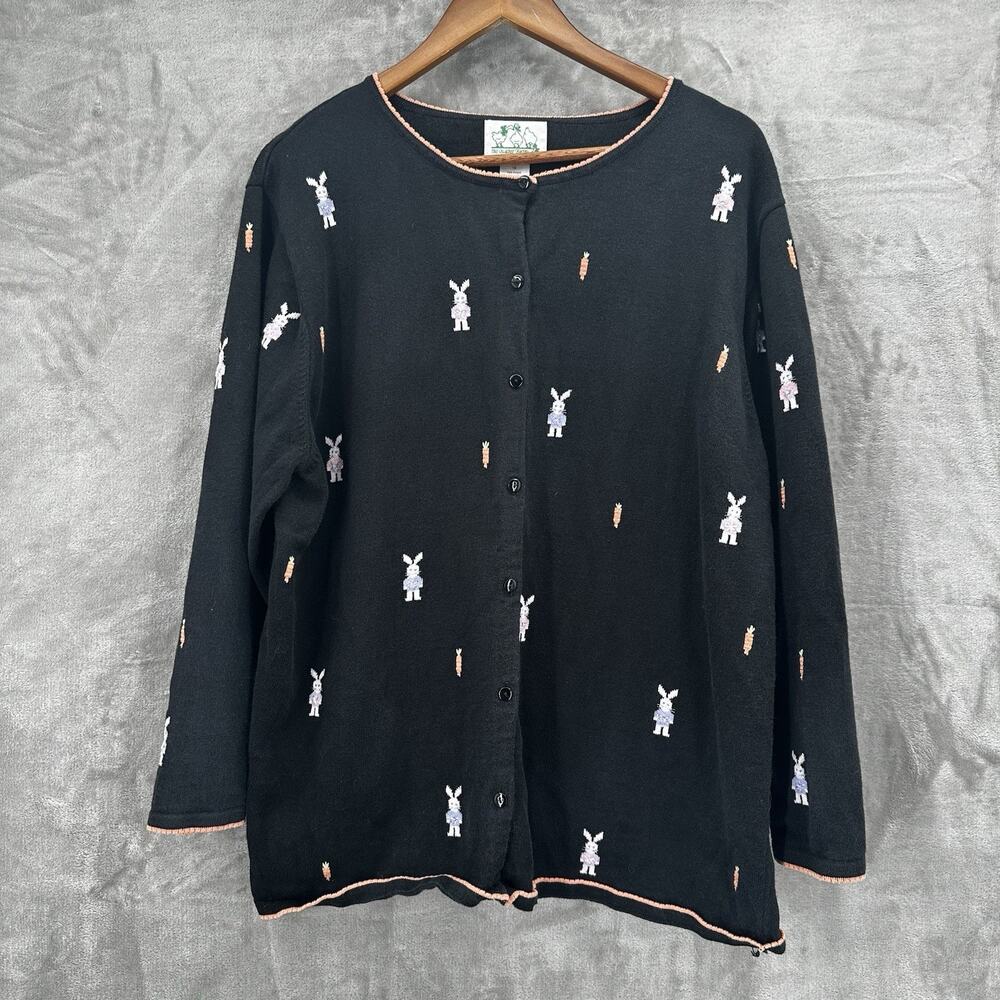 Vintage Quacker Factory Easter Sweater Womens 1X Black Bunny Embroidered Ramie‎